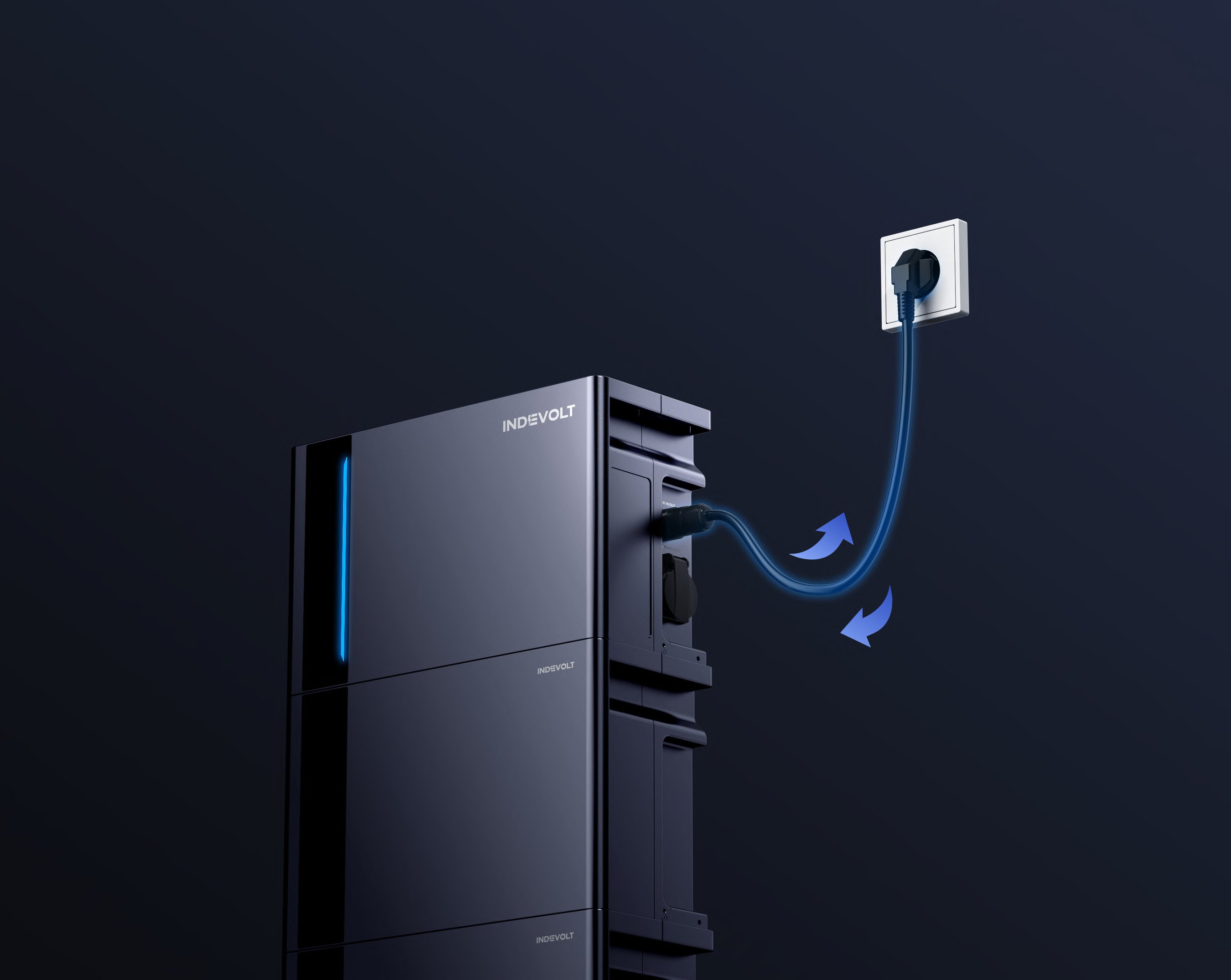 Indevolt modulaire batterij aangesloten op een stopcontact