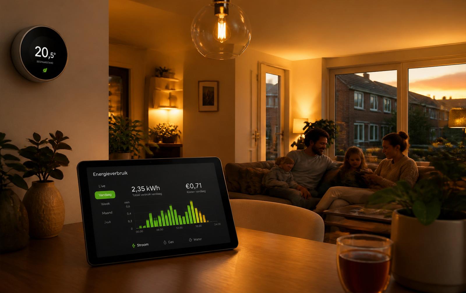 Duurzaam Nederlands gezin met slimme thermostaat en energie-dashboard