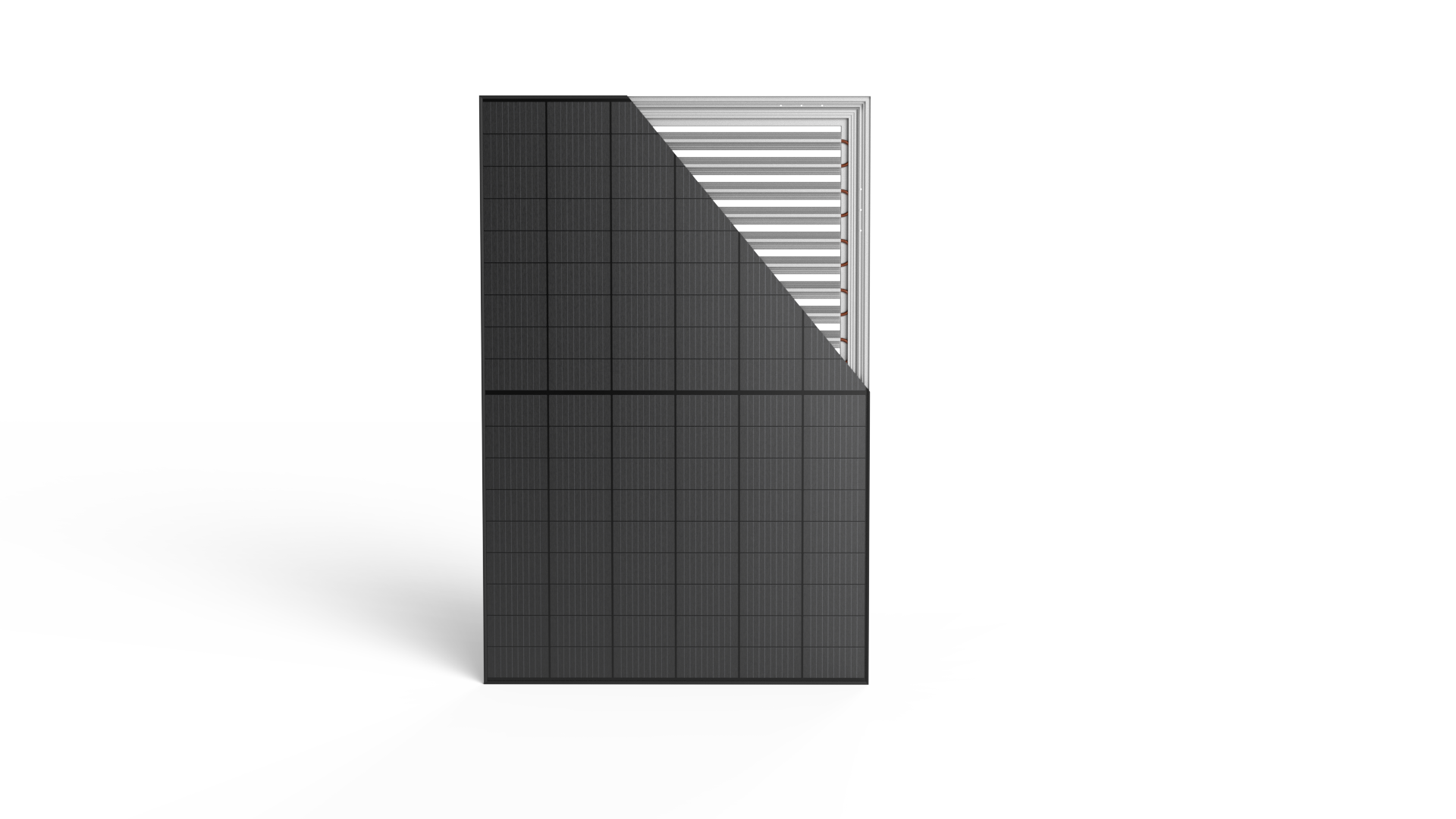 Doorsnede van een Qsilence PVT-paneel met zonnecellen aan de voorzijde en warmtewisselaar aan de achterzijde