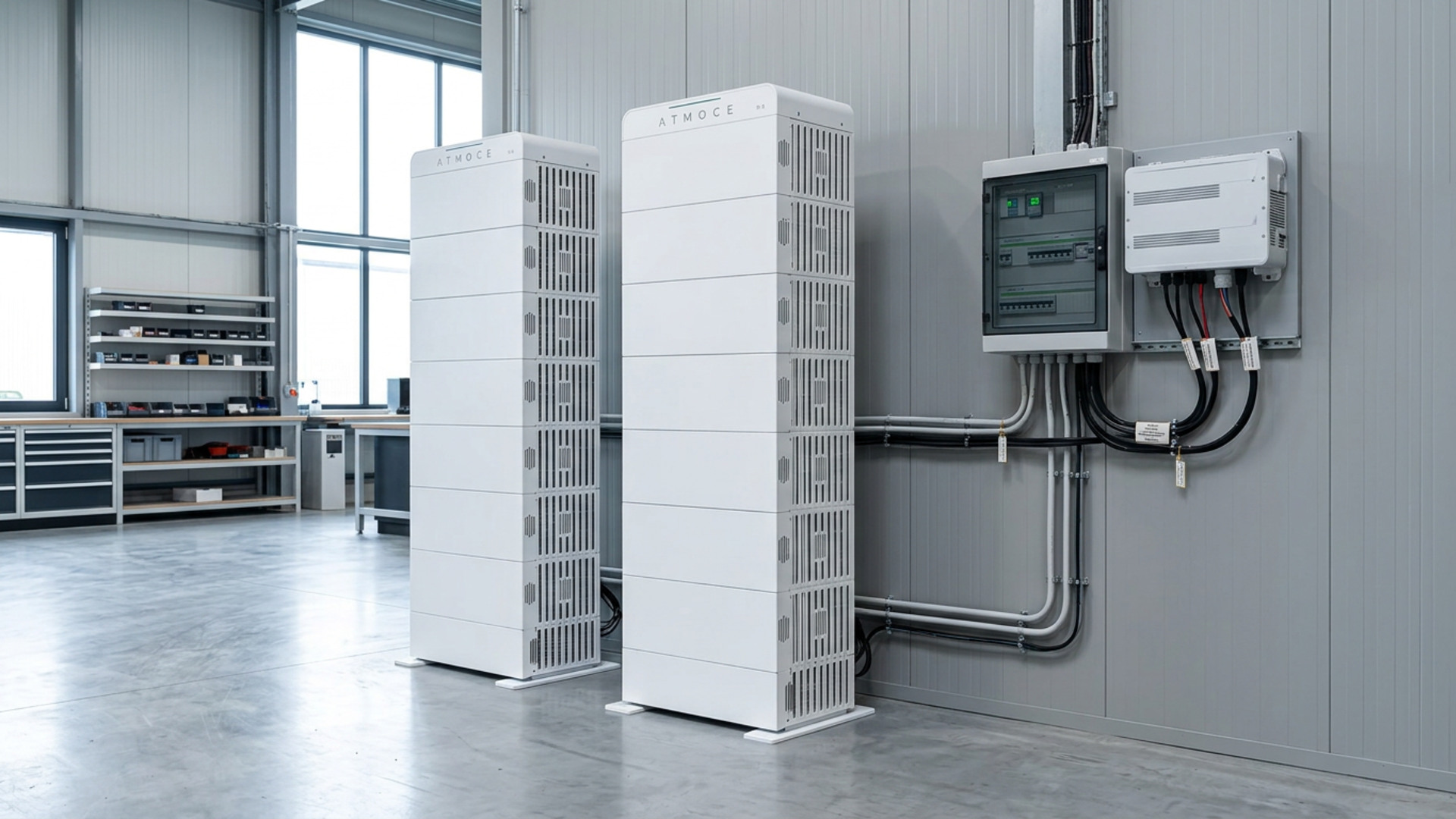 Twee ATMOCE modulaire bedrijfsbatterijen professioneel geïnstalleerd in een bedrijfshal