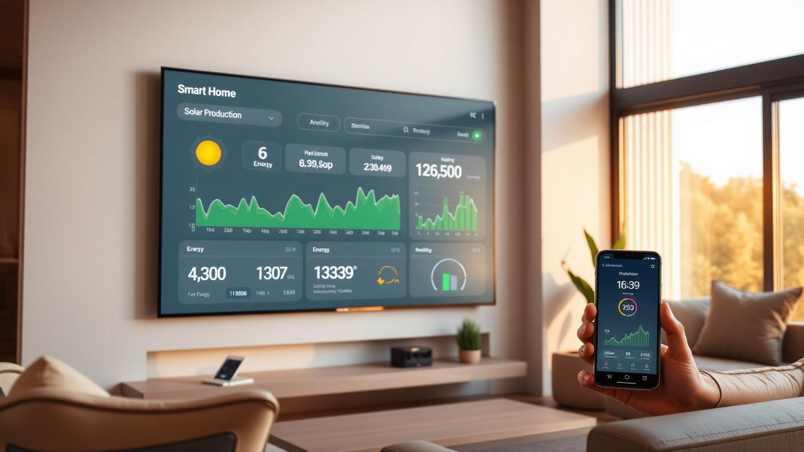 Modern smart home energy monitoring dashboard met realtime grafieken van zonne-opbrengst en verbruik