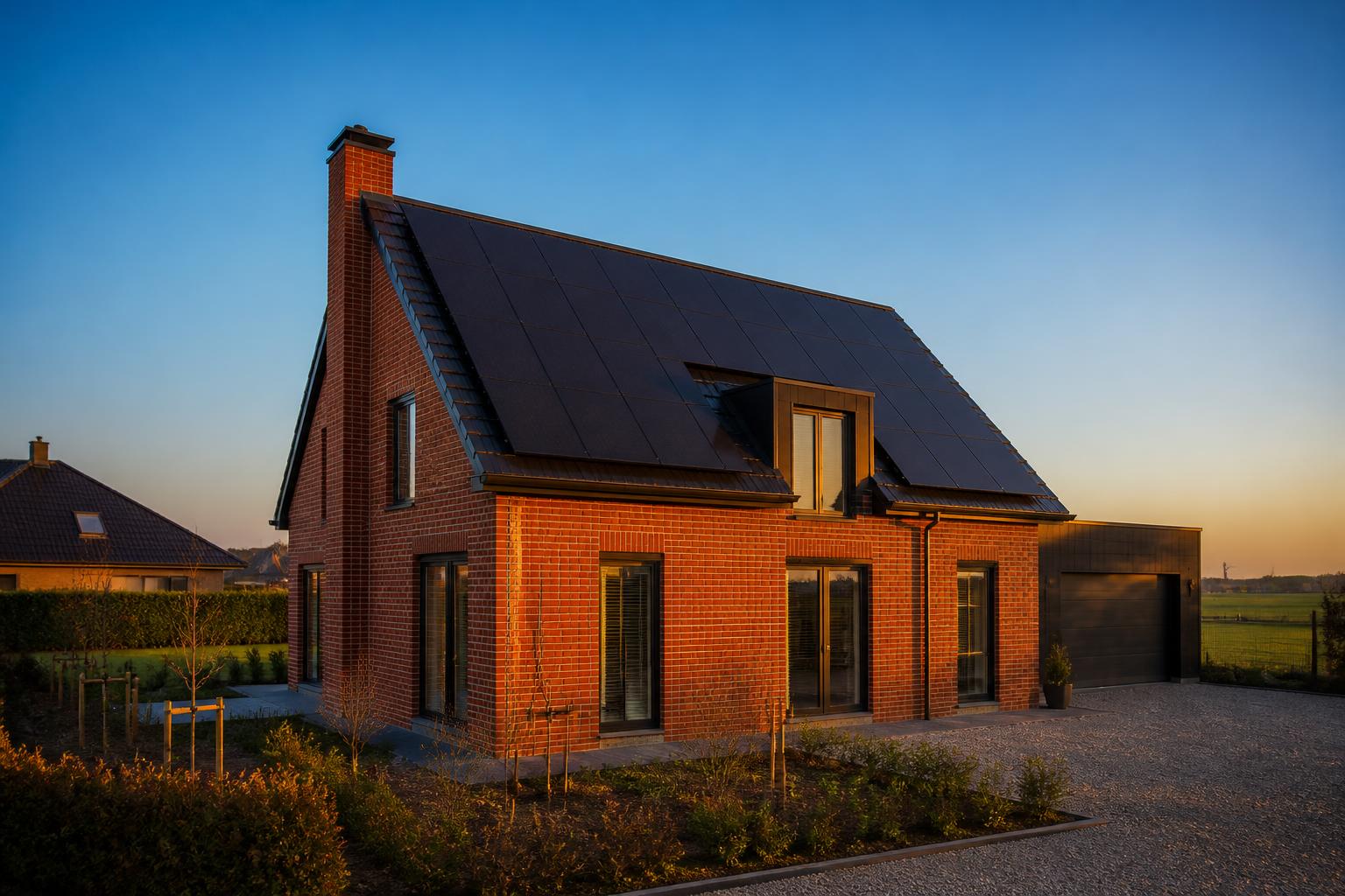 Modern Nederlands huis met full-black zonnepanelen op het dak bij gouden uur