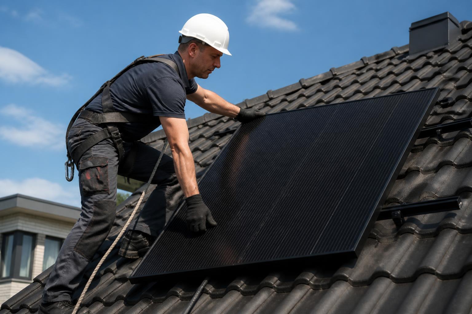 EcoInstall monteur installeert een full-black zonnepaneel op een Nederlands pannendak