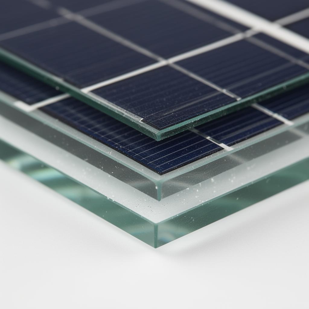 Doorsnede van een glas-glas zonnepaneel met twee lagen gehard glas en monokristallijne zonnecellen