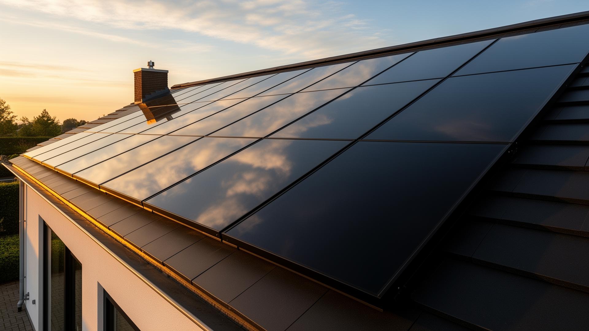 Full-black glas-glas zonnepanelen op een Nederlands woonhuis bij zonsondergang