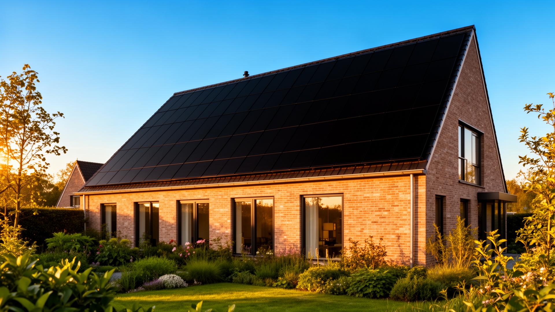 Moderne Nederlandse woning met full-black glas-glas zonnepanelen op het dak bij gouden uur