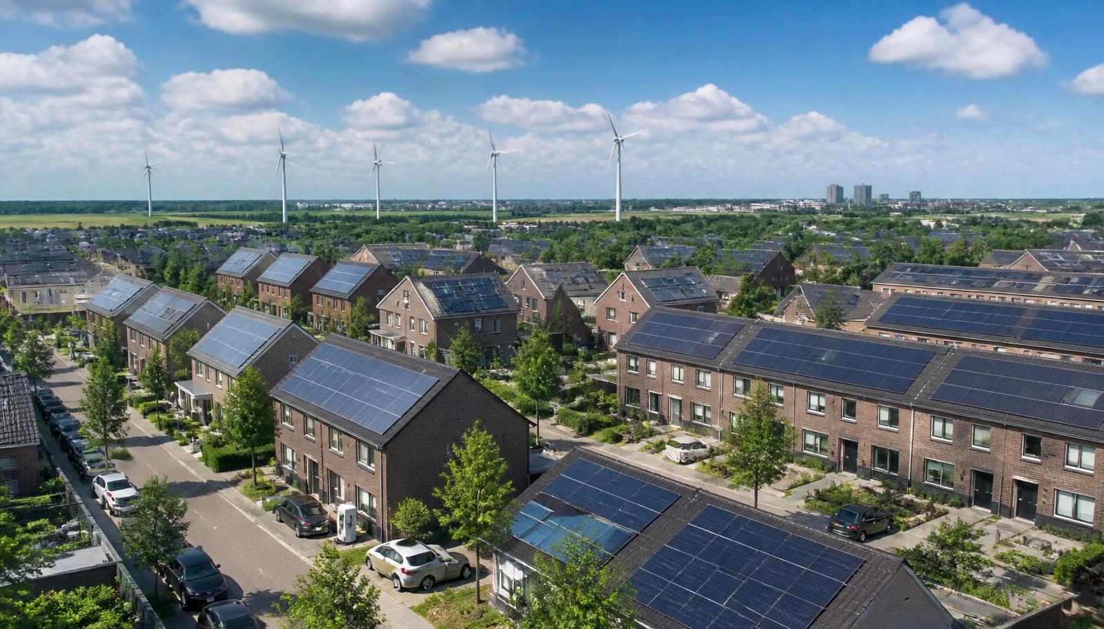 Nederlandse woonwijk met zonnepanelen op elk dak en windturbines op de horizon — 100% groene energie transitie