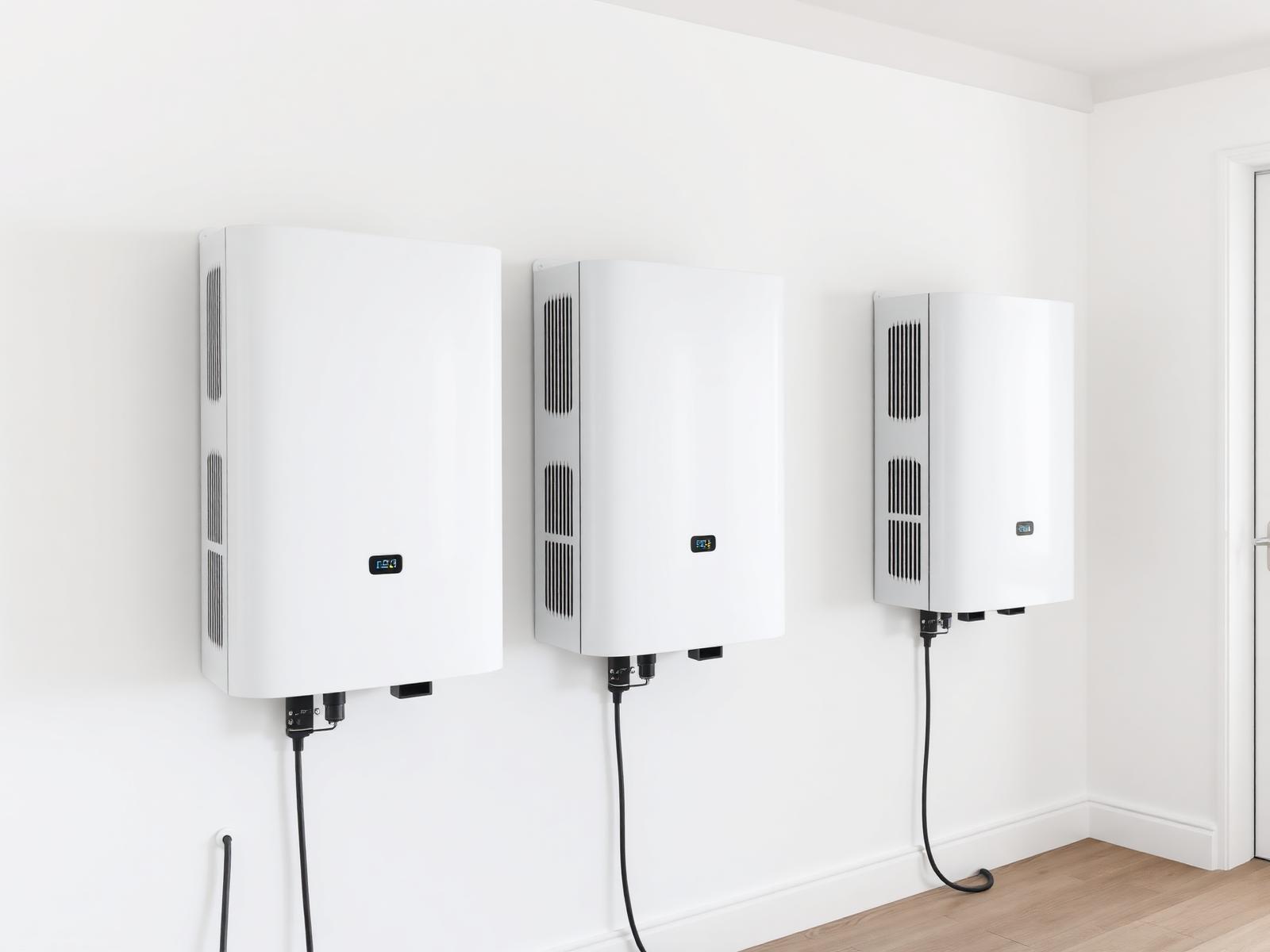 Drie moderne zonnepaneel omvormers professioneel gemonteerd op witte wand