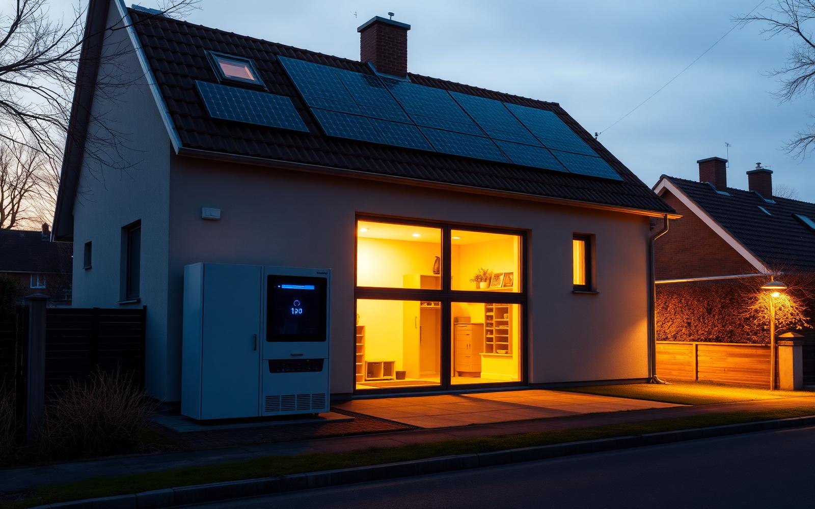 Nederlandse woning met zonnepanelen en thuisbatterij bij avondlicht — voorbereid op einde salderingsregeling