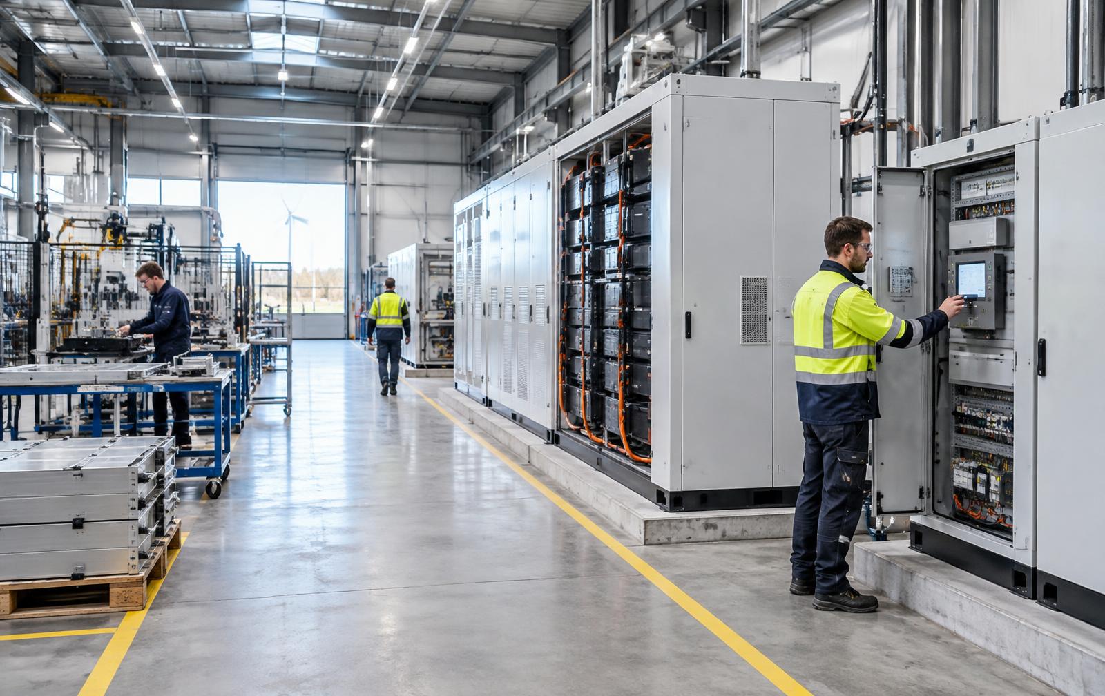 Moderne productielocatie met industriële batterijopslag en technische installatie