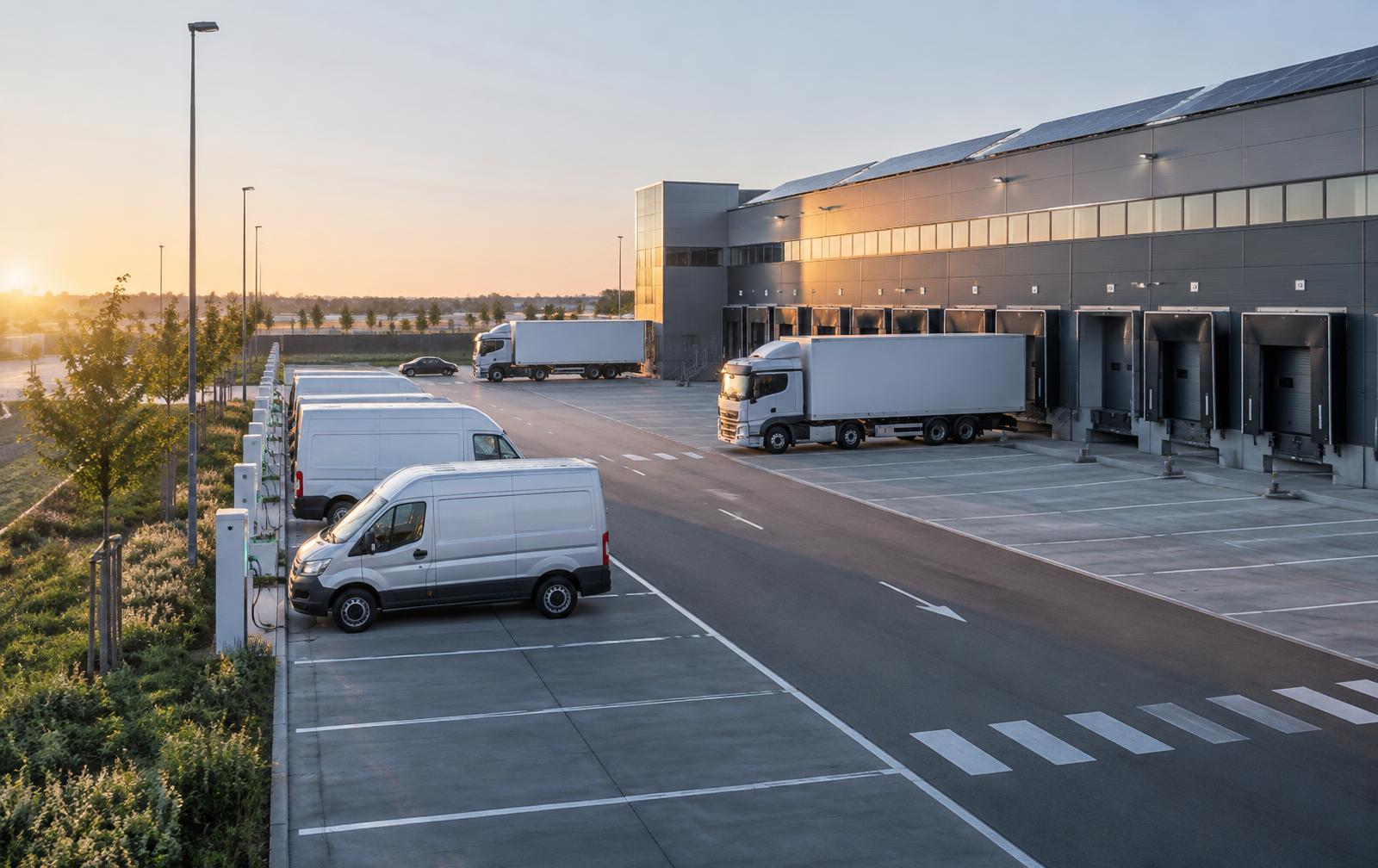Distributiecentrum met elektrische bestelwagens aan zakelijke laadpunten