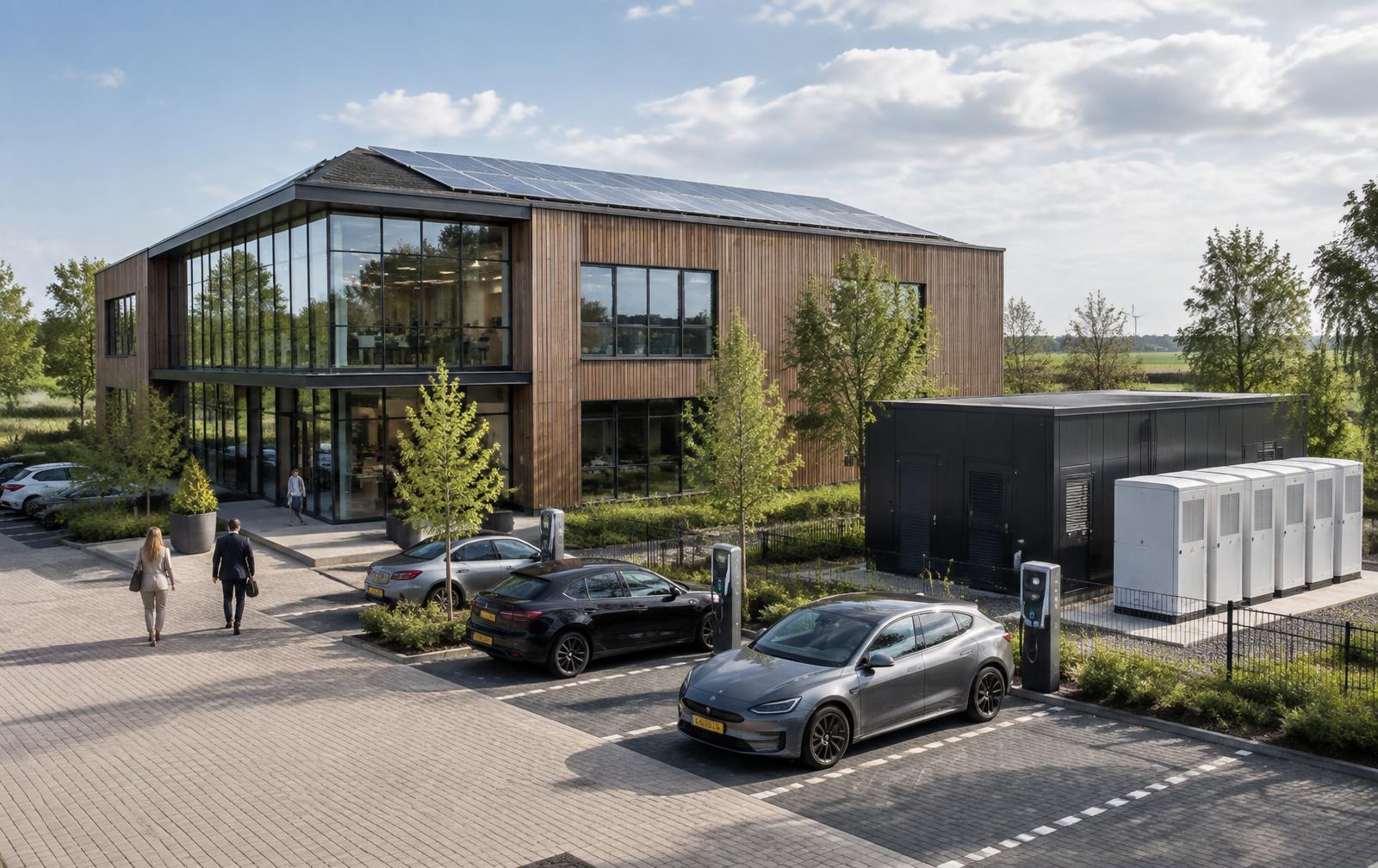Modern bedrijfsgebouw met zonnepanelen, zakelijke laadpunten en batterijopslag