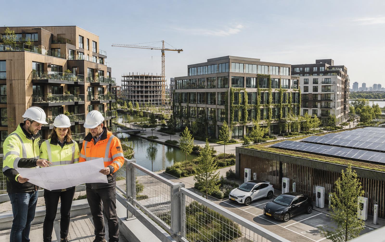 Duurzaam Nederlands vastgoedproject met zonnepanelen, laadplaatsen en bouwteam
