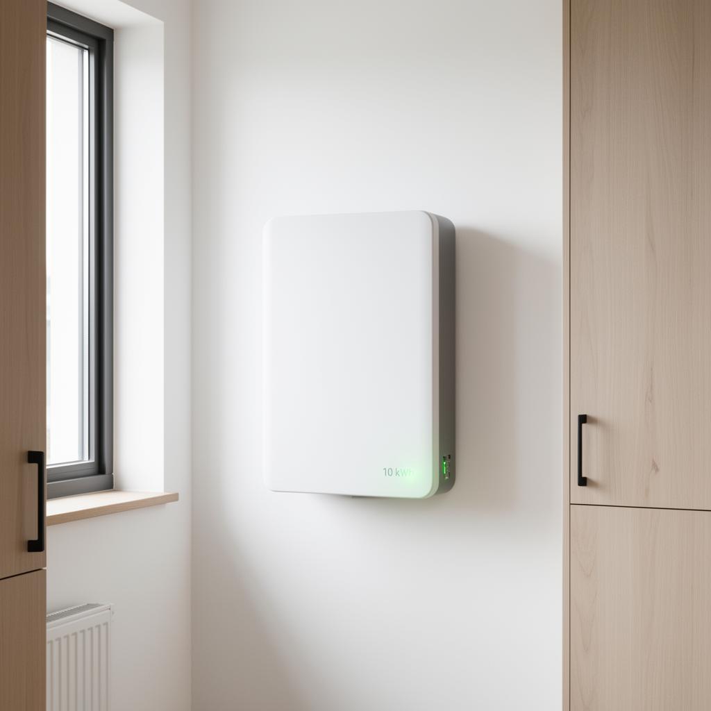 10 kWh compacte thuisbatterij wit aan de wand in moderne bijkeuken