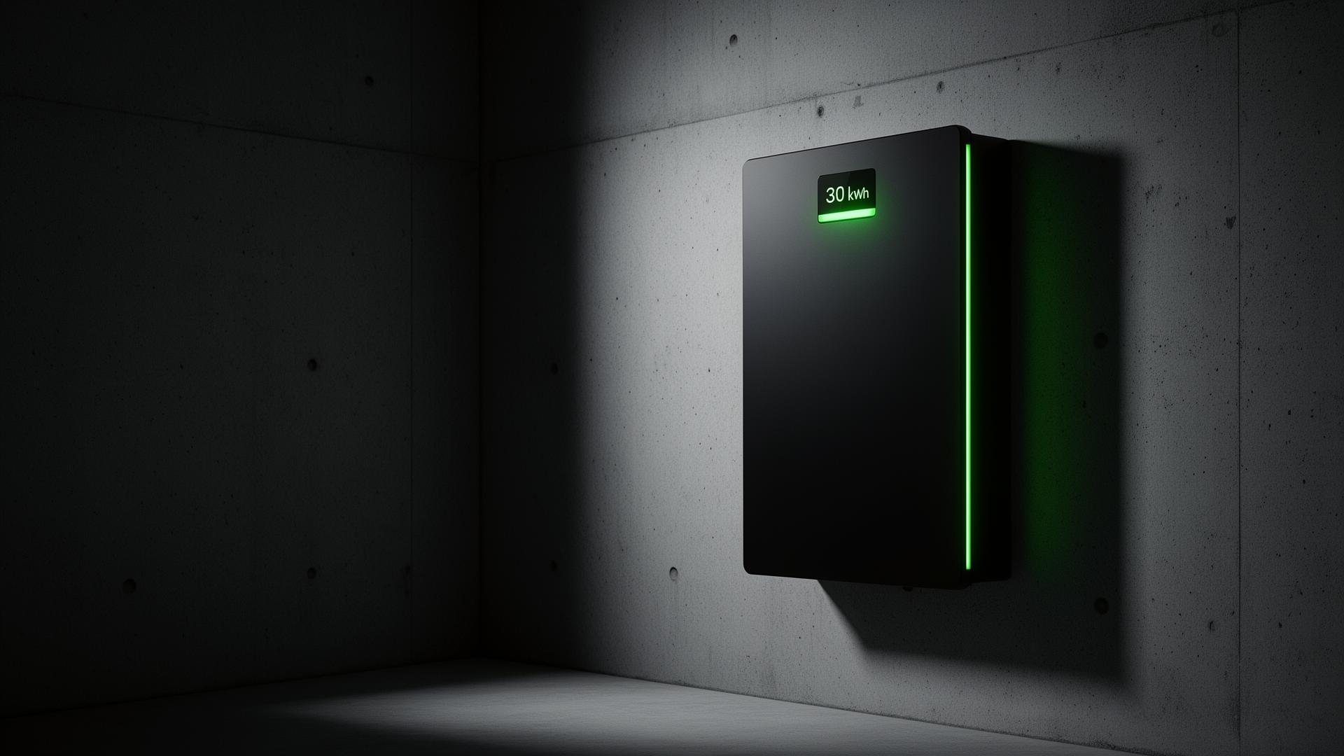 30 kWh thuisbatterij in zwart met groene LED-indicator op betonnen wand