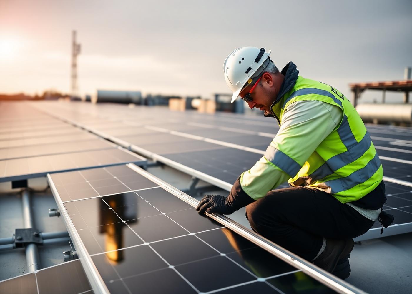 EcoInstall monteur installeert zonnepanelen op een plat bedrijfsdak