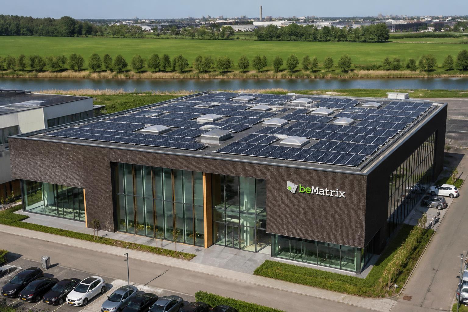 Modern Nederlands bedrijfspand met zonnepanelen op het dak